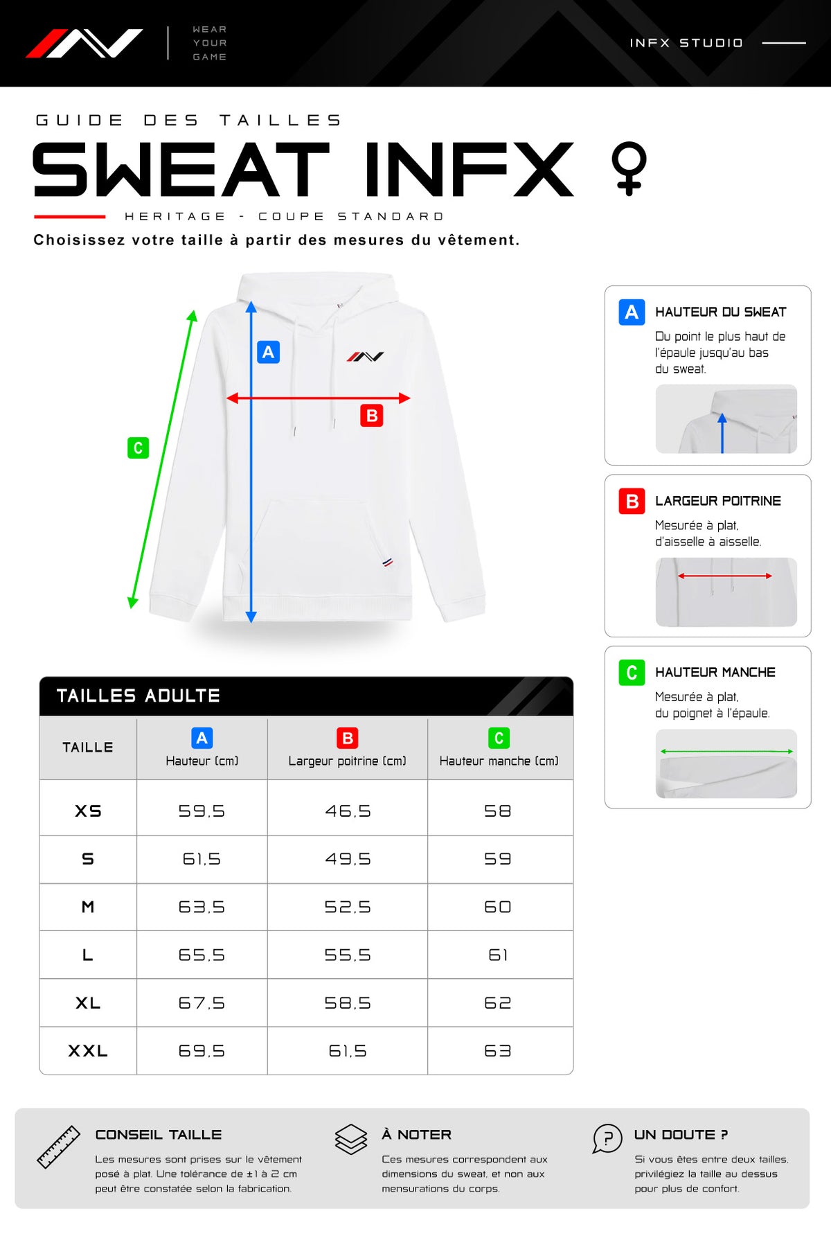 Guide des tailles — Sweat à capuche InFX Femme — Héritage