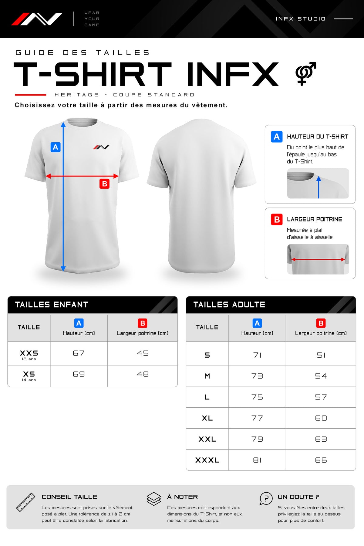 Guide des tailles — T-shirt InFX unisexe — Héritage